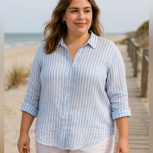J.Jill Love Linen Blue White Striped Button Front Shirt Blouse Large 100% Linen